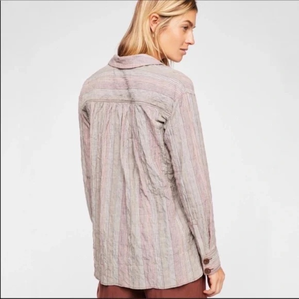 Free People High Tide Pink Sands Striped Button Down Shirt Womens Large Bohemian - Picture 2 of 10